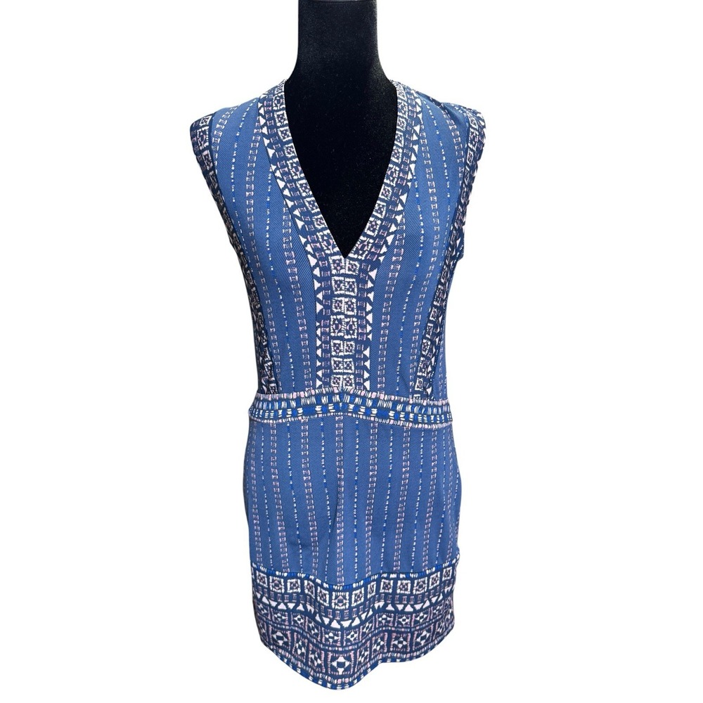 BCBGMAXAZRIA Blue Geometric Tribal Print V-Neck Sleeveless Mini Dress XXS